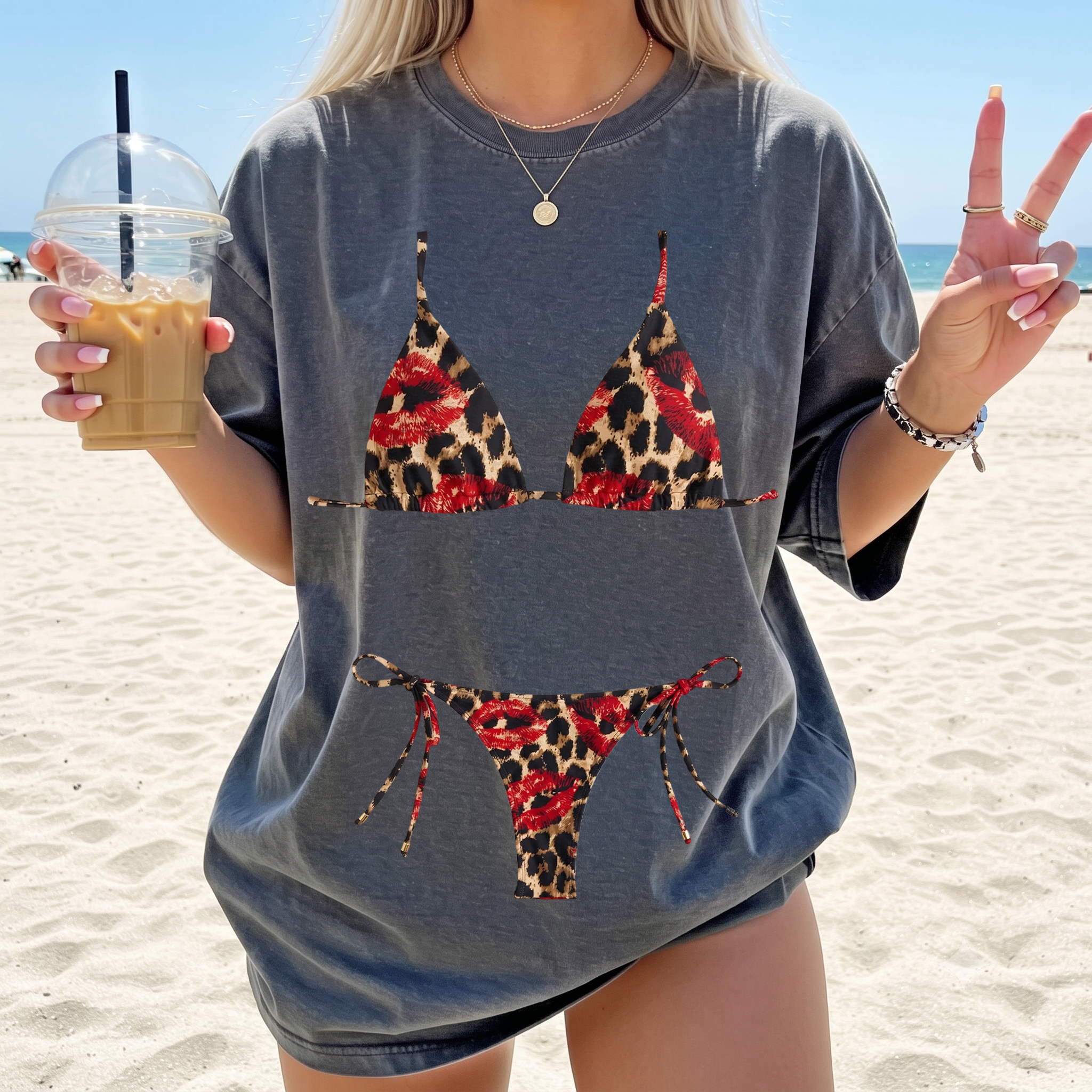 RodyThread Y2K Red Lips Leopard Bikini Graphic Bach Party T Shirt Grunge Aesthetic Swimwear Cheetah Print Triangle Top Two Piece Bride Oversized Tee Trashy Chic Women Bathing Suit Cover Up Shirt Alternative Streetwear