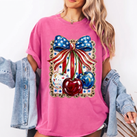 RodyThread Unbranded Shes My Cherry Pie Red White and Blue Oversized Graphic T-Shirt for Women Coquette Country Western Patriotic Vintage Olive Green Cotton Tee 4th of July Independence Day Summer Festival Tops Leopard Print USA Bow Shirt
