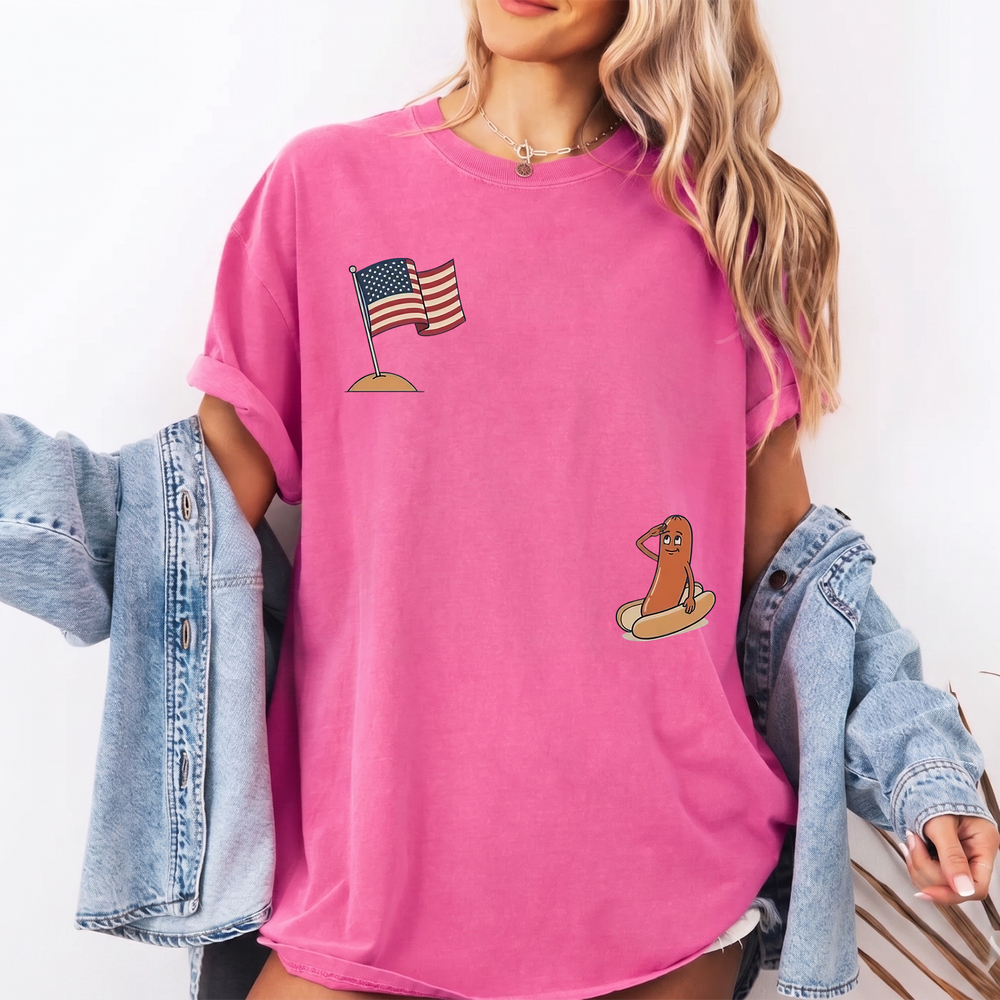 RodyThread Hotdog Salute 4th of July Patriotic Meme Oversized Graphic T-Shirt For Women Preppy Retro Casual Pink Cotton Blend Funny Summer BBQ Independence Day Tee Humorous USA Flag Novelty Top Vintage Wash Y2K Aesthetic Apparel Festival Wear