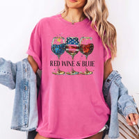 RodyThread Red Wine & Blue Graphic T-Shirt Women's Men's Patriotic Retro Preppy Ivory Cotton Comfort Colors Tee 4th of July USA Flag Memorial Day Wine Lover Drinking Top Independence Day Summer Cookout Apparel Gift