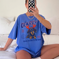 RodyThread Pet Crabby Summer Dachshund Dog Graphic T Shirt If Crabby Please Return To The Beach Oversized Washed Tee Funny Wiener Dog Crab Claw Headband Graphic Shirt, Cute Pink Summer Vacation Women Top