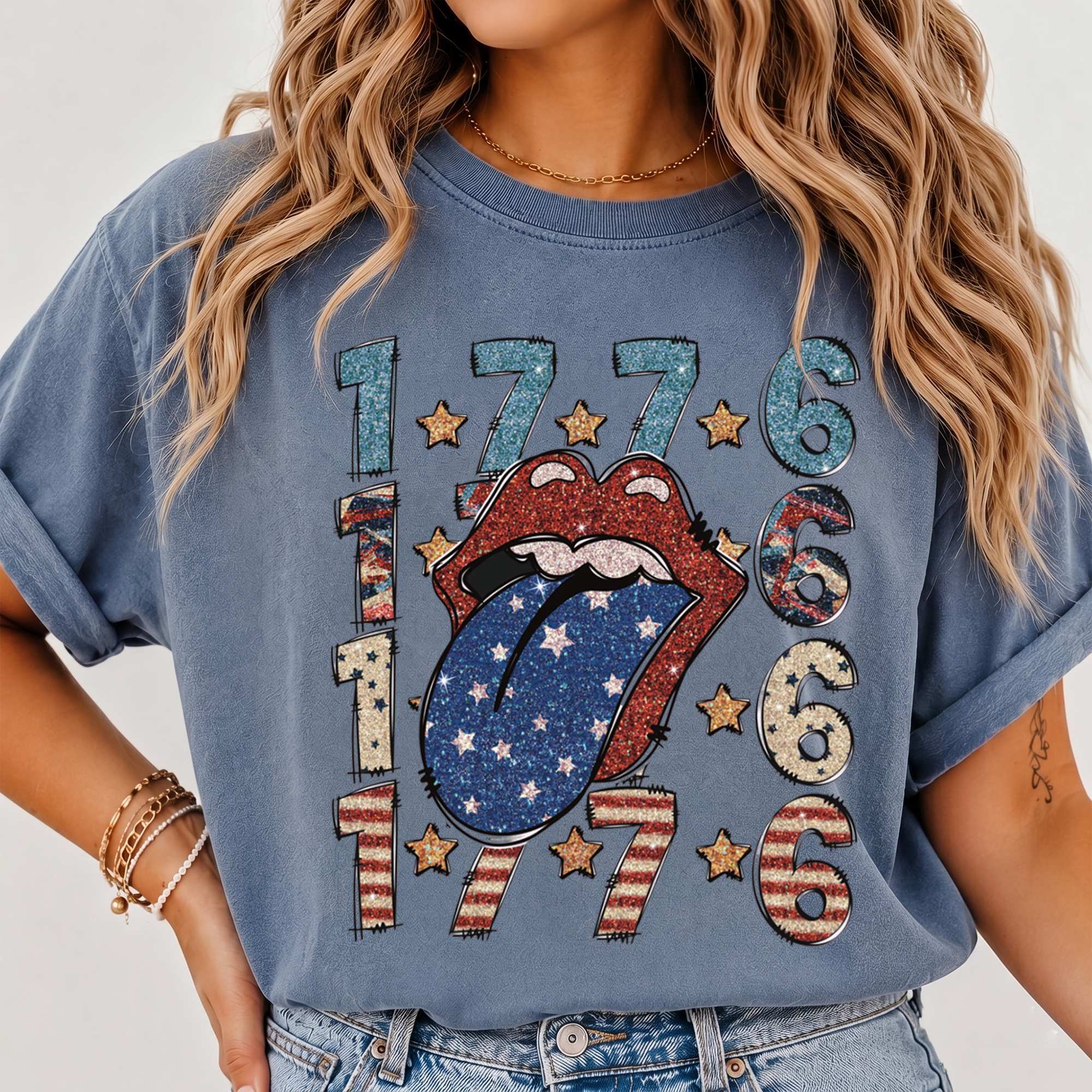RodyThread Vintage 1776 Patriotic American Flag Tongue Graphic T-Shirt Retro Rock n Roll Fourth of July Oversized Tee Glitter Star Striped Tongue Graphic Shirt Cute Patriotic Top Women Independence Day Country Concert Oversized Top