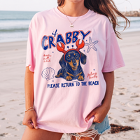 RodyThread Pet Crabby Summer Dachshund Dog Graphic T Shirt If Crabby Please Return To The Beach Oversized Washed Tee Funny Wiener Dog Crab Claw Headband Graphic Shirt, Cute Pink Summer Vacation Women Top