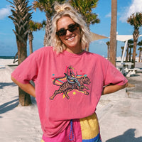 RodyThread Rodeo Leopard Wild Ride Oversized Graphic T-Shirt Women's Retro Western Country Music Festival Chic Cream Cotton Blend Vintage Cowgirl She's A Wild One Graphic Tee Trendy Summer Top Y2K Aesthetic Streetwear Leopard Print Outfit