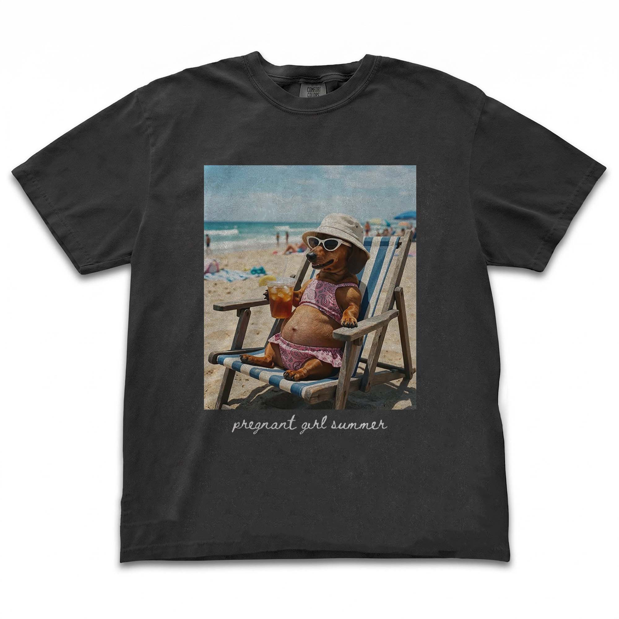RodyThread Pregnant Girl Summer Dachshund Meme Graphic Tee For Expecting Moms Funny Meme Retro Casual Charcoal Cotton T-Shirt Funny Beach Pregnancy Announcement Baby Reveal Summer Vacation Gift For Pregnant Women Holiday Wear