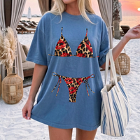 RodyThread Y2K Red Lips Leopard Bikini Graphic Bach Party T Shirt Grunge Aesthetic Swimwear Cheetah Print Triangle Top Two Piece Bride Oversized Tee Trashy Chic Women Bathing Suit Cover Up Shirt Alternative Streetwear