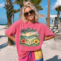 RodyThread Vintage Aloha Hawaii Summer Tropical Beach Graphic Tee Women's Retro Island Vacation Aesthetic Ivory Cotton Blend Short Sleeve T-Shirt Hibiscus Floral Print Summer Holiday Travel Outfit Casual Top Beachwear