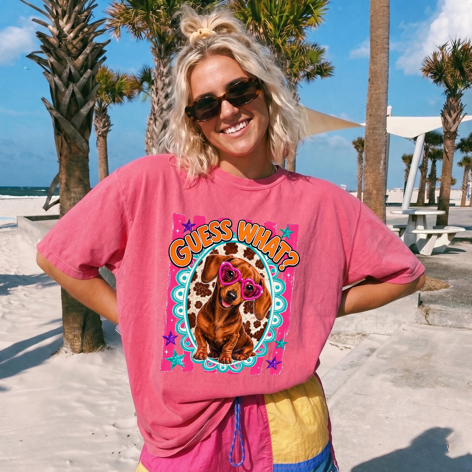 RodyThread Guess What Wiener Butt Funny Dachshund Graphic T-Shirt For Dog Moms And Women Preppy Y2K Retro Summer Vibes White Cotton Tee Sarcastic Dog Lover Novelty Top Trending Leopard Pink Stripes Heart Glasses Apparel