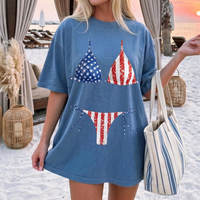Funny American Flag Bikini Body Graphic Oversized T-Shirt Bride Beach Cover Up For Women Preppy Lake Days Western Summer Retro Blue Cotton Tee 4th of July Independence Day Bach Party Swimsuit Illusion Patriotic Apparel