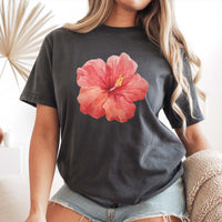 RodyThread Premium Hibiscus Flower Y2K Shirt Graphic Tee For Women Coastal Vintage Summer Aesthetic Charcoal Gray Cotton Blend Hawaii Vacation Beach Top Trendy Oversized Loose Fit Casual Clothes Gift For Her Summervibes Holiday Vacation Apparel