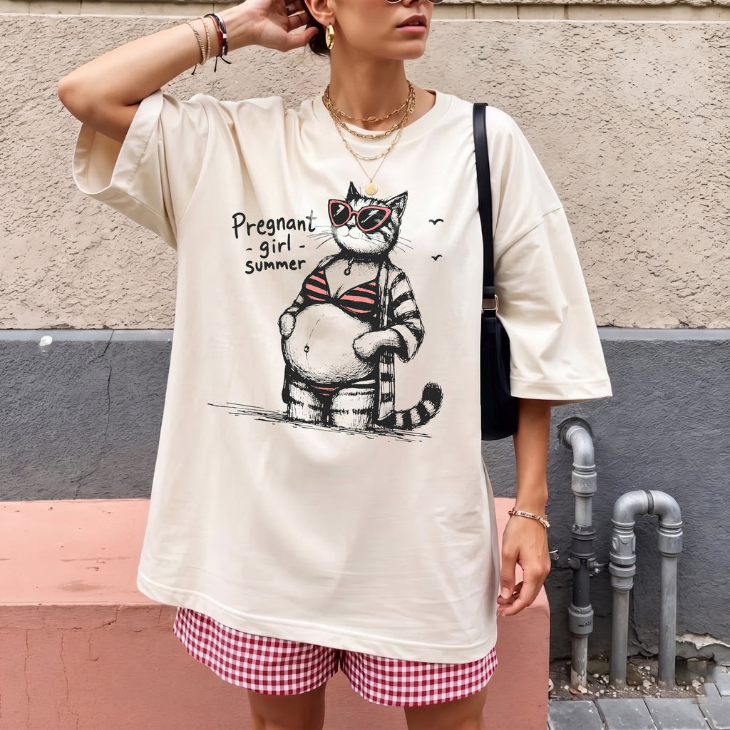 RodyThread Funny Pregnant Girl Summer Cat Meme Graphic T-Shirt for Expecting Moms Casual Beach Vacation Aesthetic White Cotton Maternity Tee Cute Mom To Be Gift Novelty Pregnancy Announcement Top Trendy Ladies Summer Clothes