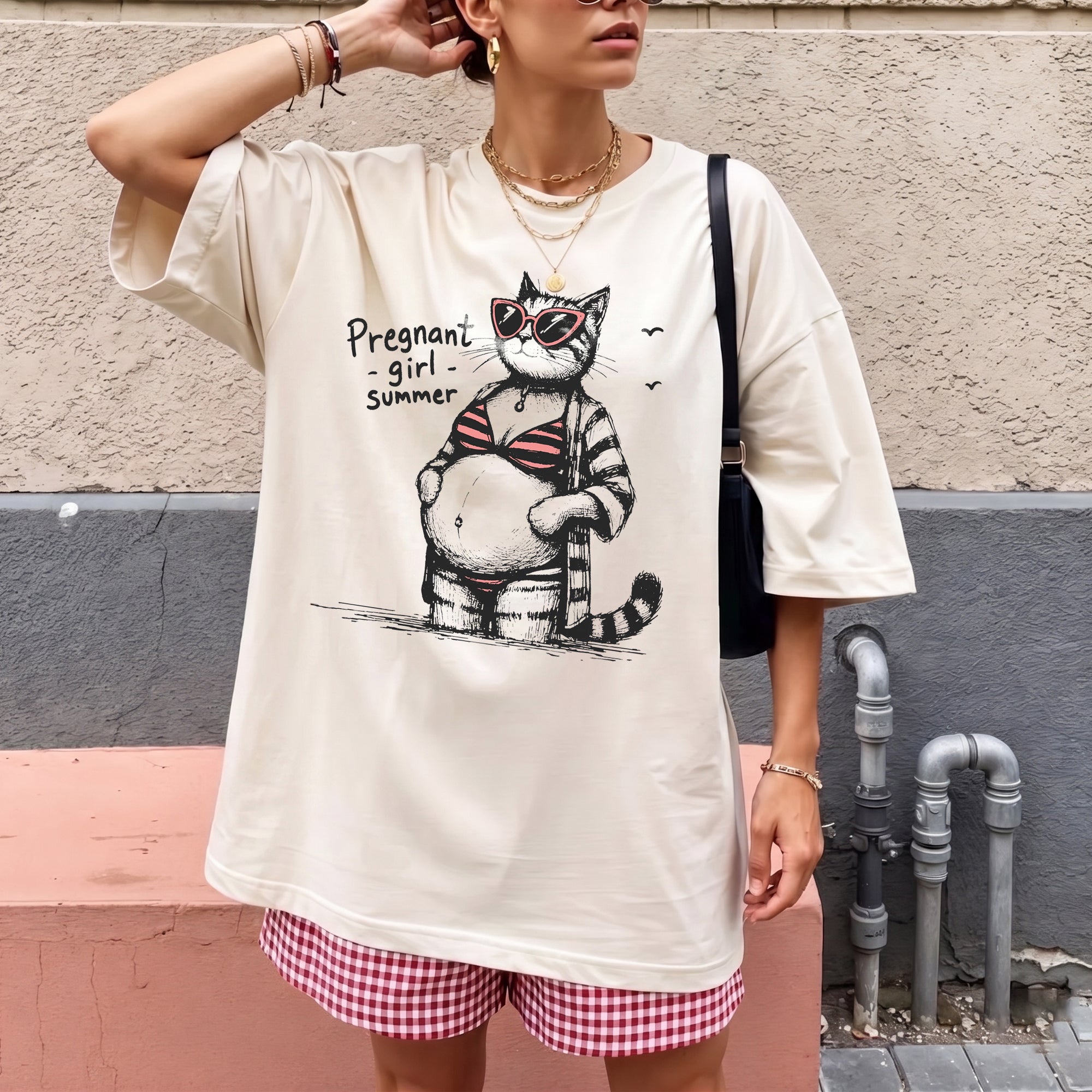 RodyThread Funny Pregnant Girl Summer Cat Meme Graphic T-Shirt for Expecting Moms Casual Beach Vacation Aesthetic White Cotton Maternity Tee Cute Mom To Be Gift Novelty Pregnancy Announcement Top Trendy Ladies Summer Clothes