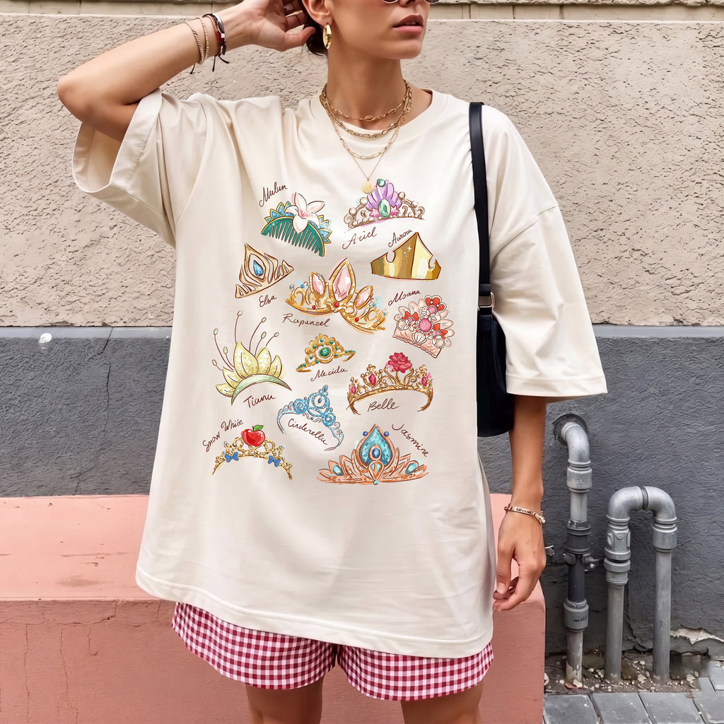 RodyThread Enchanted Tiara Design Shirt Women's Oversized Graphic T-Shirt Vintage Tiara Collection Aesthetic Tee Coquette Dreamy Fairytale Vacation Outfit Soft Cotton Princess Crown Shirt Magic Theme Park Loose Fit Summer Casual Basic Top