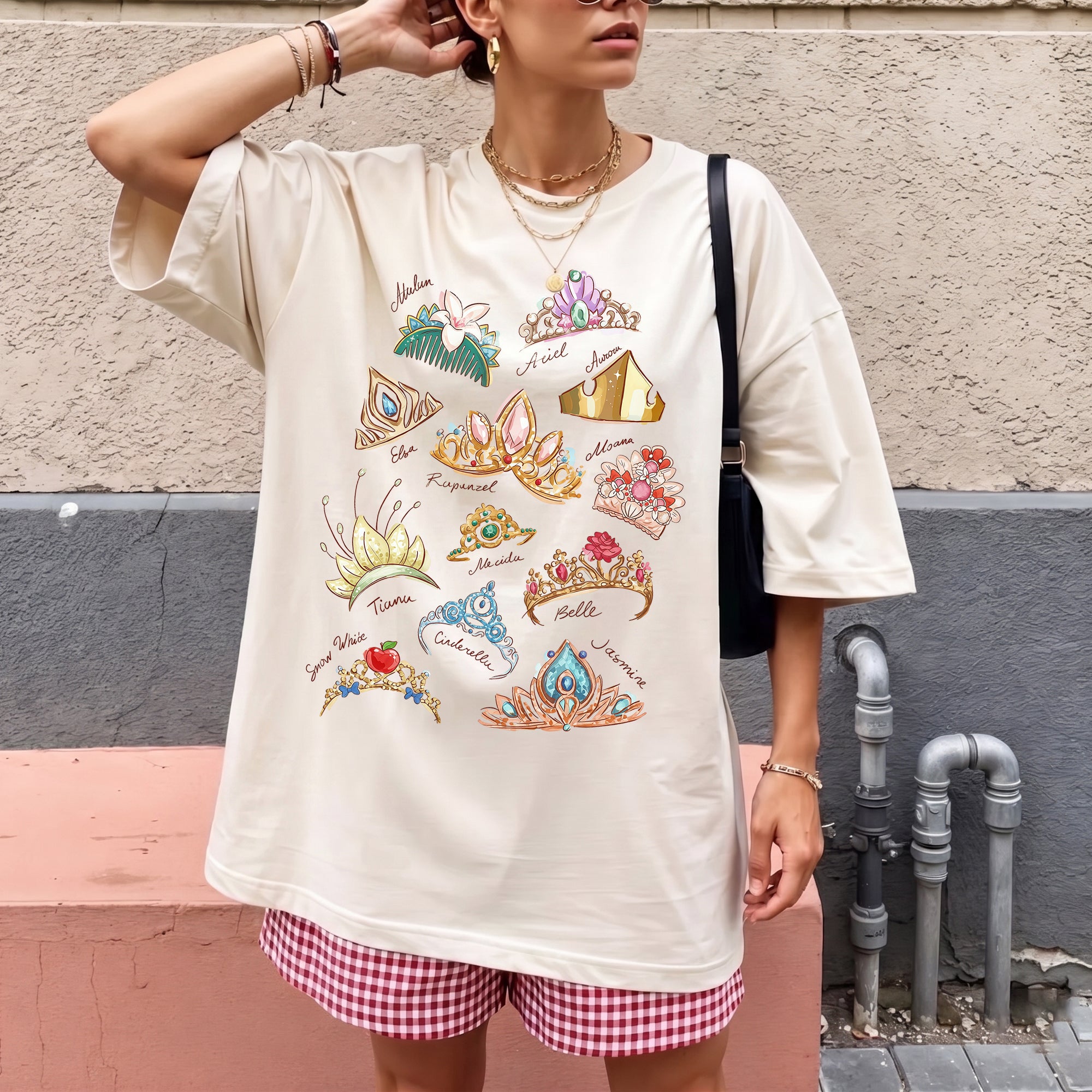 RodyThread Enchanted Tiara Design Shirt Women's Oversized Graphic T-Shirt Vintage Tiara Collection Aesthetic Tee Coquette Dreamy Fairytale Vacation Outfit Soft Cotton Princess Crown Shirt Magic Theme Park Loose Fit Summer Casual Basic Top