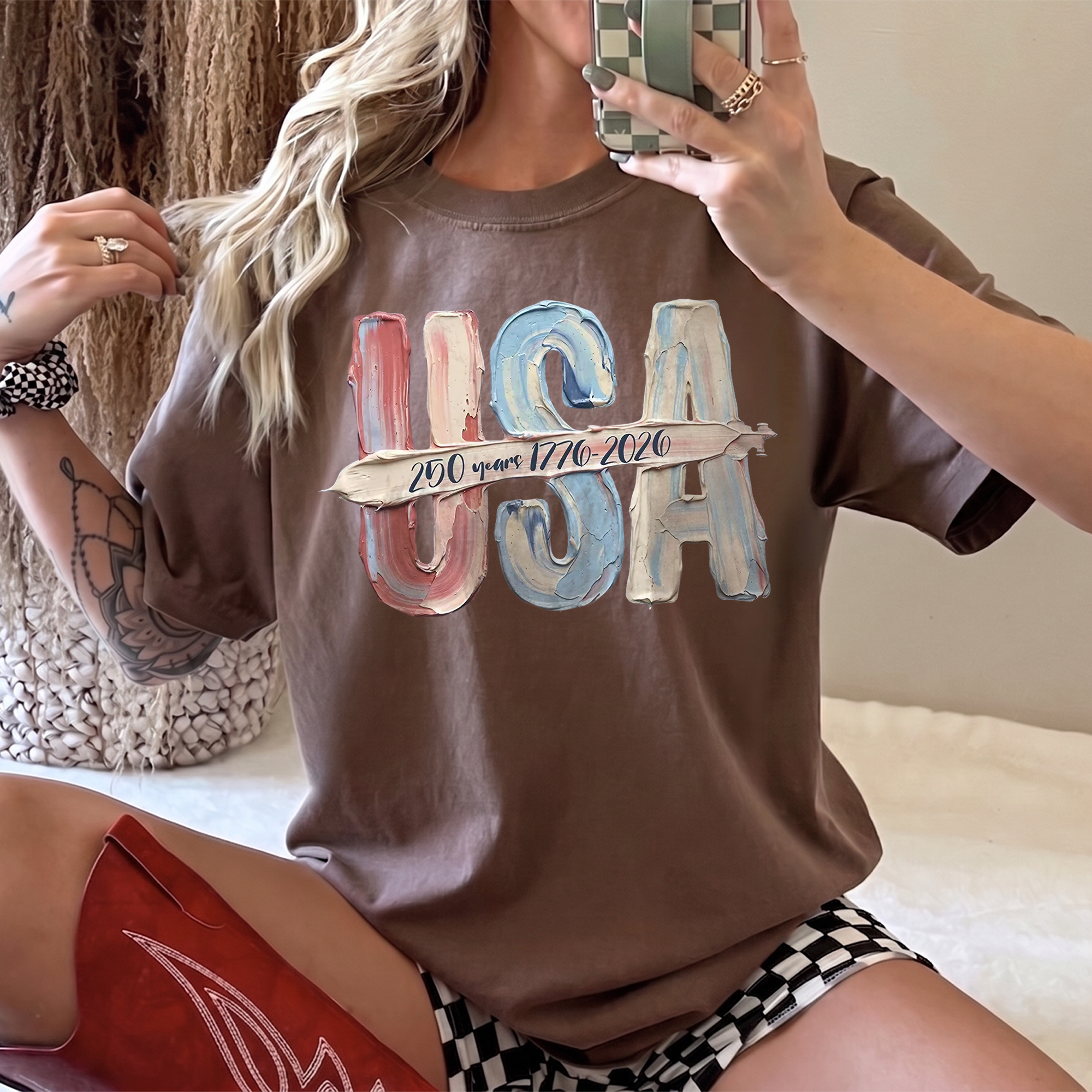 RodyThread Graphic DTG Print T Shirt USA Oil Painting Effect Vintage America 250 Years 1776 2026 Tee Patriotic Red White Blue 3D Impasto Thick Paint Art Brown Pepper T-Shirt 4th of July Independence Day Semiquincentennial Women Men Casual Top