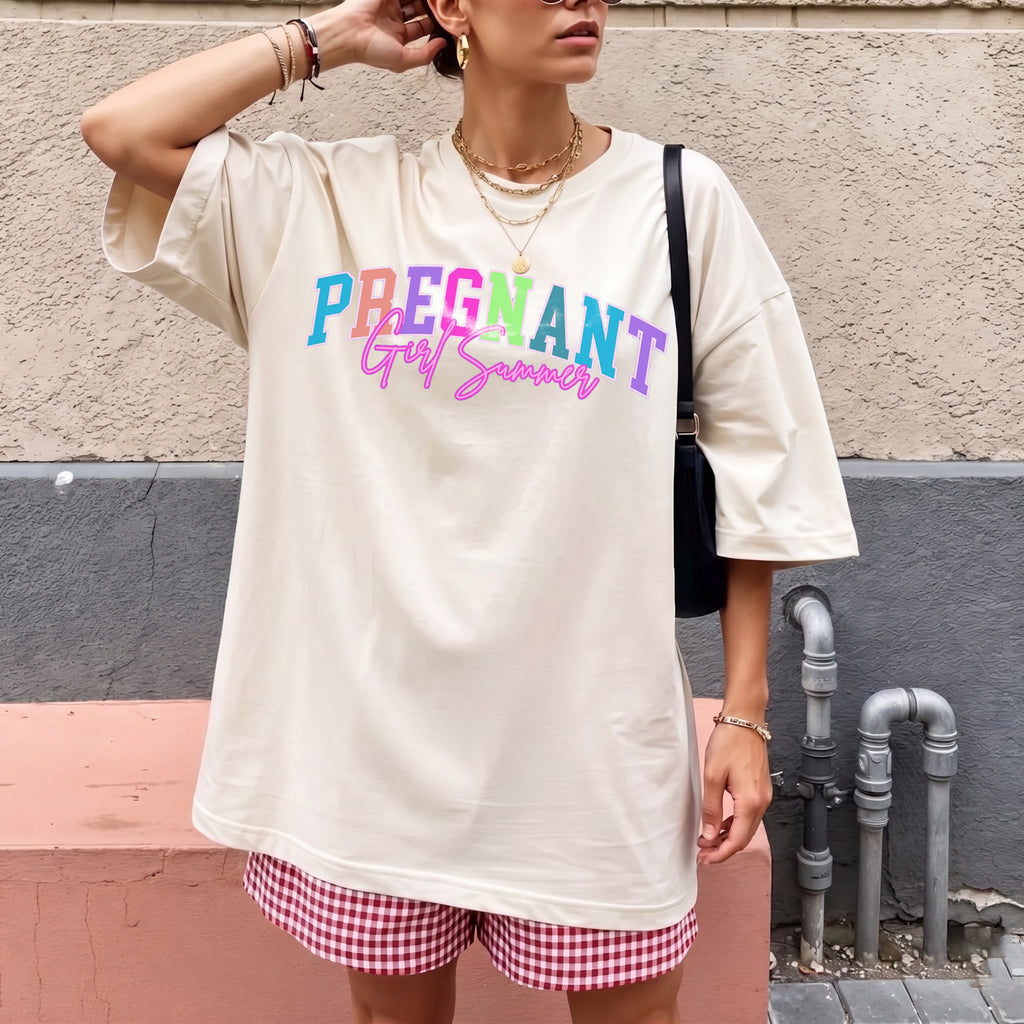 RodyThread Pregnant Girl Summer Shirt Graphic Tee For First Time Mom Preppy Retro Y2K Style Purple Cotton Blend Top Pregnant Wife Gift Baby Announcement Apparel Mothers Day Present Cute Maternity Casual Loose Fit Summer Clothes