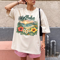 RodyThread Vintage Aloha Hawaii Summer Tropical Beach Graphic Tee Women's Retro Island Vacation Aesthetic Ivory Cotton Blend Short Sleeve T-Shirt Hibiscus Floral Print Summer Holiday Travel Outfit Casual Top Beachwear