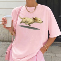RodyThread Cute Running Dog Graphic Oversized T-Shirt For Women Trendy Vintage Aesthetic Soft Baggy Cotton Cream Tee Casual Streetwear Top Dog Lover Gift Perfect For Dog Walking Outfit Stylish Loose Fit Summer Short Sleeve