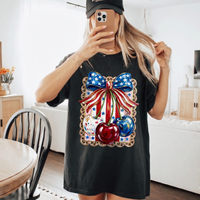 RodyThread Unbranded Shes My Cherry Pie Red White and Blue Oversized Graphic T-Shirt for Women Coquette Country Western Patriotic Vintage Olive Green Cotton Tee 4th of July Independence Day Summer Festival Tops Leopard Print USA Bow Shirt