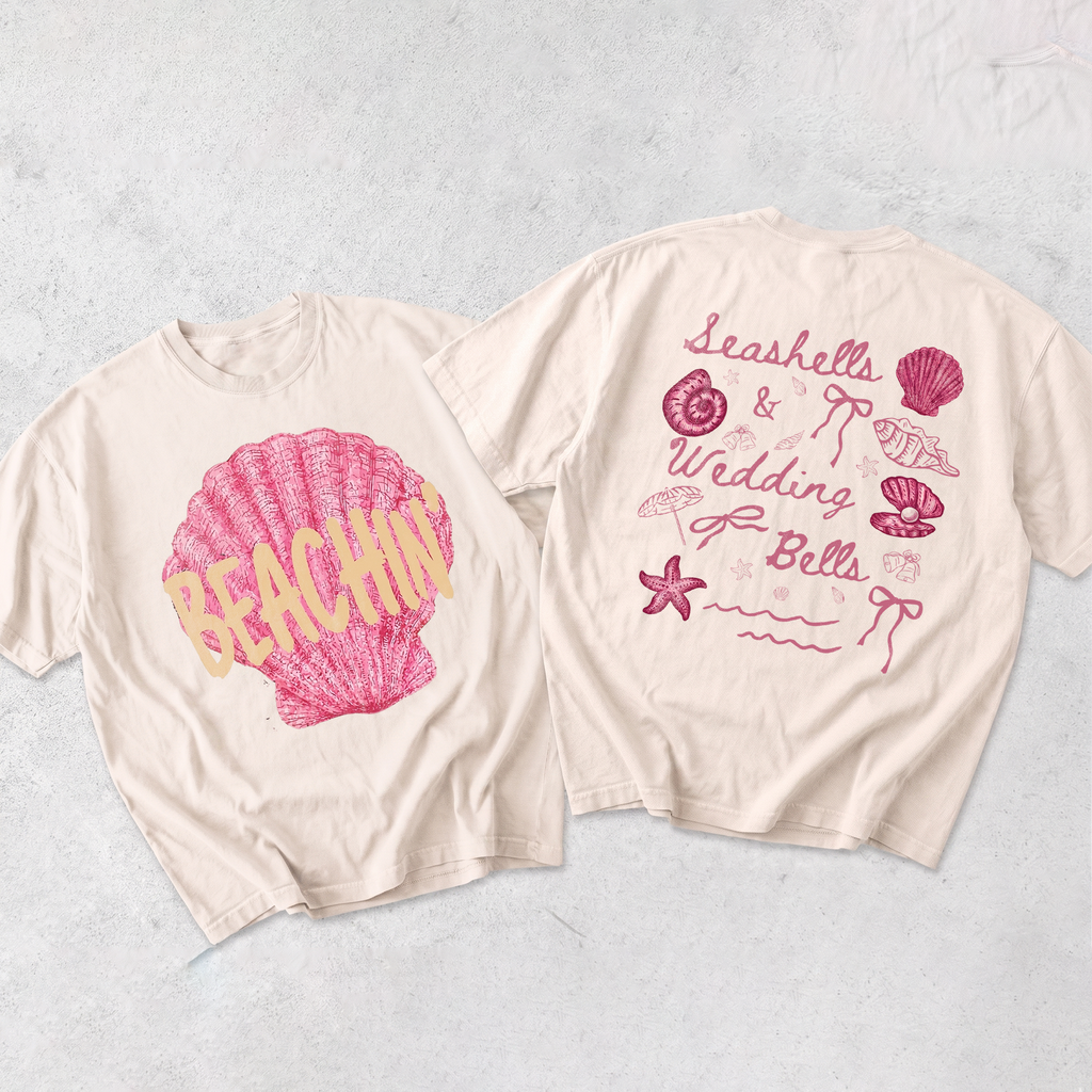 RodyThread Seashells And Wedding Bells Beachin Bachelorette Party T-Shirt For Brides And Bridesmaids Girl Trip Matching  Whimsical Coquette Coastal Preppy Pink Cotton Graphic Tee Bridal Shower Gift Summer Engagement Trip Coastal Wedding Bride