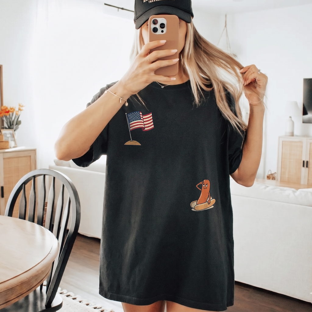 RodyThread Hotdog Salute 4th of July Patriotic Meme Oversized Graphic T-Shirt For Women Preppy Retro Casual Pink Cotton Blend Funny Summer BBQ Independence Day Tee Humorous USA Flag Novelty Top Vintage Wash Y2K Aesthetic Apparel Festival Wear