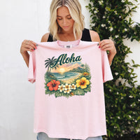 RodyThread Vintage Aloha Hawaii Summer Tropical Beach Graphic Tee Women's Retro Island Vacation Aesthetic Ivory Cotton Blend Short Sleeve T-Shirt Hibiscus Floral Print Summer Holiday Travel Outfit Casual Top Beachwear
