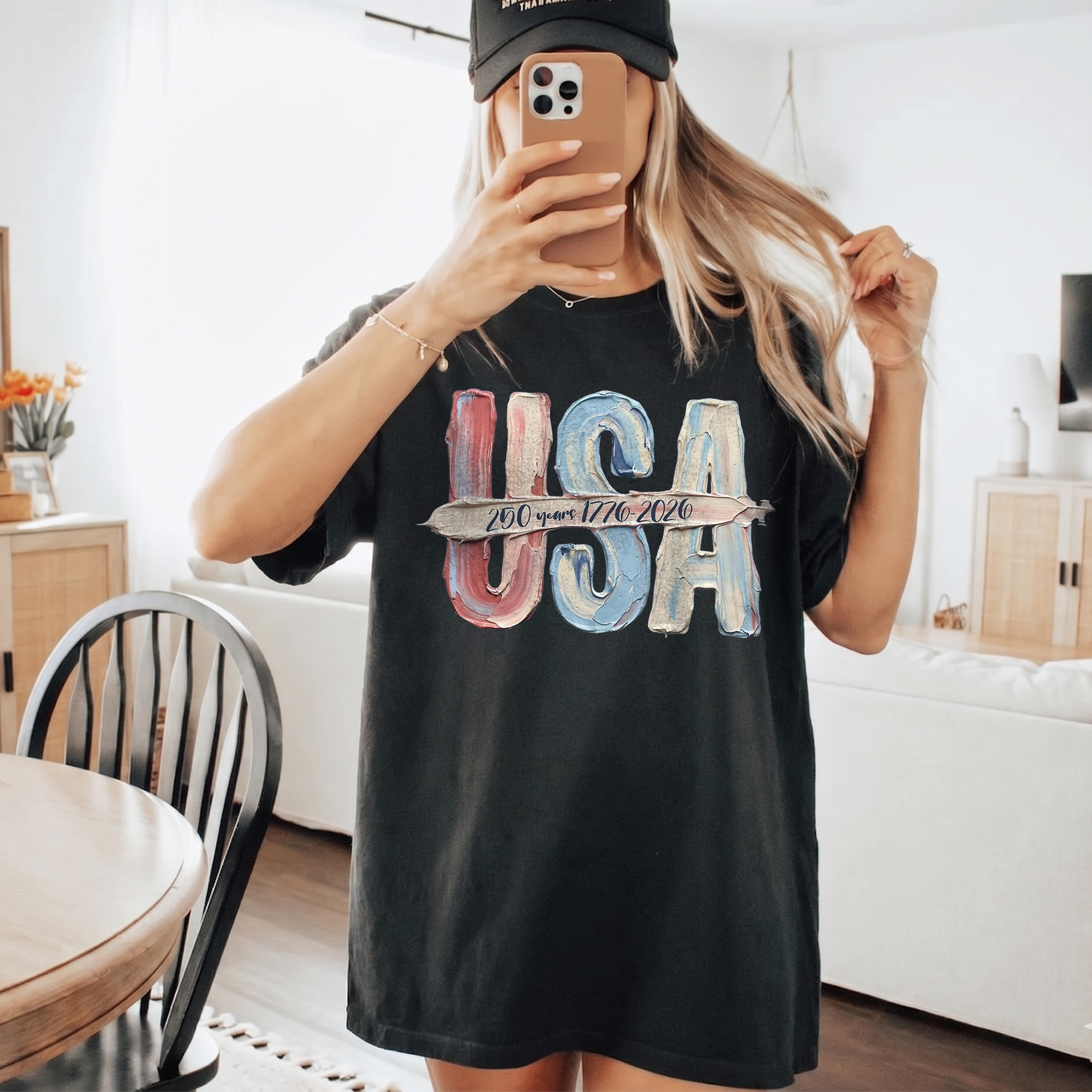 RodyThread Graphic DTG Print T Shirt USA Oil Painting Effect Vintage America 250 Years 1776 2026 Tee Patriotic Red White Blue 3D Impasto Thick Paint Art Brown Pepper T-Shirt 4th of July Independence Day Semiquincentennial Women Men Casual Top