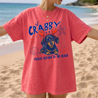 RodyThread Pet Crabby Summer Dachshund Dog Graphic T Shirt If Crabby Please Return To The Beach Oversized Washed Tee Funny Wiener Dog Crab Claw Headband Graphic Shirt, Cute Pink Summer Vacation Women Top