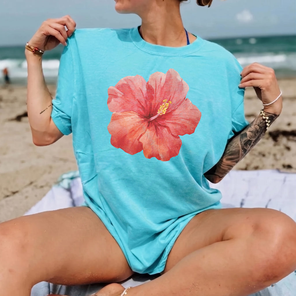RodyThread Premium Hibiscus Flower Y2K Shirt Graphic Tee For Women Coastal Vintage Summer Aesthetic Charcoal Gray Cotton Blend Hawaii Vacation Beach Top Trendy Oversized Loose Fit Casual Clothes Gift For Her Summervibes Holiday Vacation Apparel