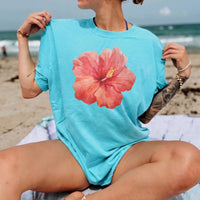 RodyThread Premium Hibiscus Flower Y2K Shirt Graphic Tee For Women Coastal Vintage Summer Aesthetic Charcoal Gray Cotton Blend Hawaii Vacation Beach Top Trendy Oversized Loose Fit Casual Clothes Gift For Her Summervibes Holiday Vacation Apparel