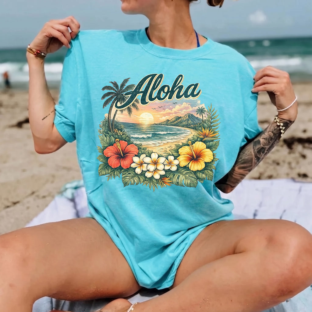 RodyThread Vintage Aloha Hawaii Summer Tropical Beach Graphic Tee Women's Retro Island Vacation Aesthetic Ivory Cotton Blend Short Sleeve T-Shirt Hibiscus Floral Print Summer Holiday Travel Outfit Casual Top Beachwear