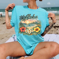 RodyThread Vintage Aloha Hawaii Summer Tropical Beach Graphic Tee Women's Retro Island Vacation Aesthetic Ivory Cotton Blend Short Sleeve T-Shirt Hibiscus Floral Print Summer Holiday Travel Outfit Casual Top Beachwear