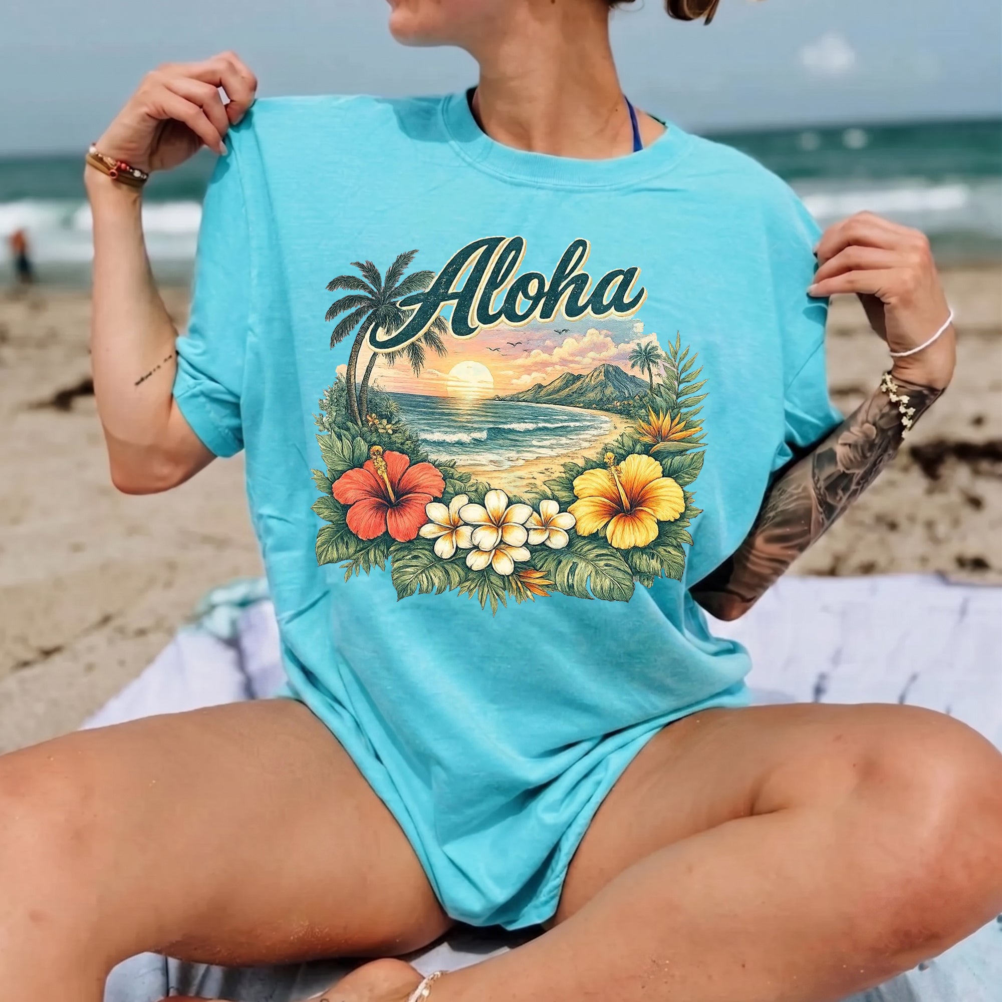 RodyThread Vintage Aloha Hawaii Summer Tropical Beach Graphic Tee Women's Retro Island Vacation Aesthetic Ivory Cotton Blend Short Sleeve T-Shirt Hibiscus Floral Print Summer Holiday Travel Outfit Casual Top Beachwear