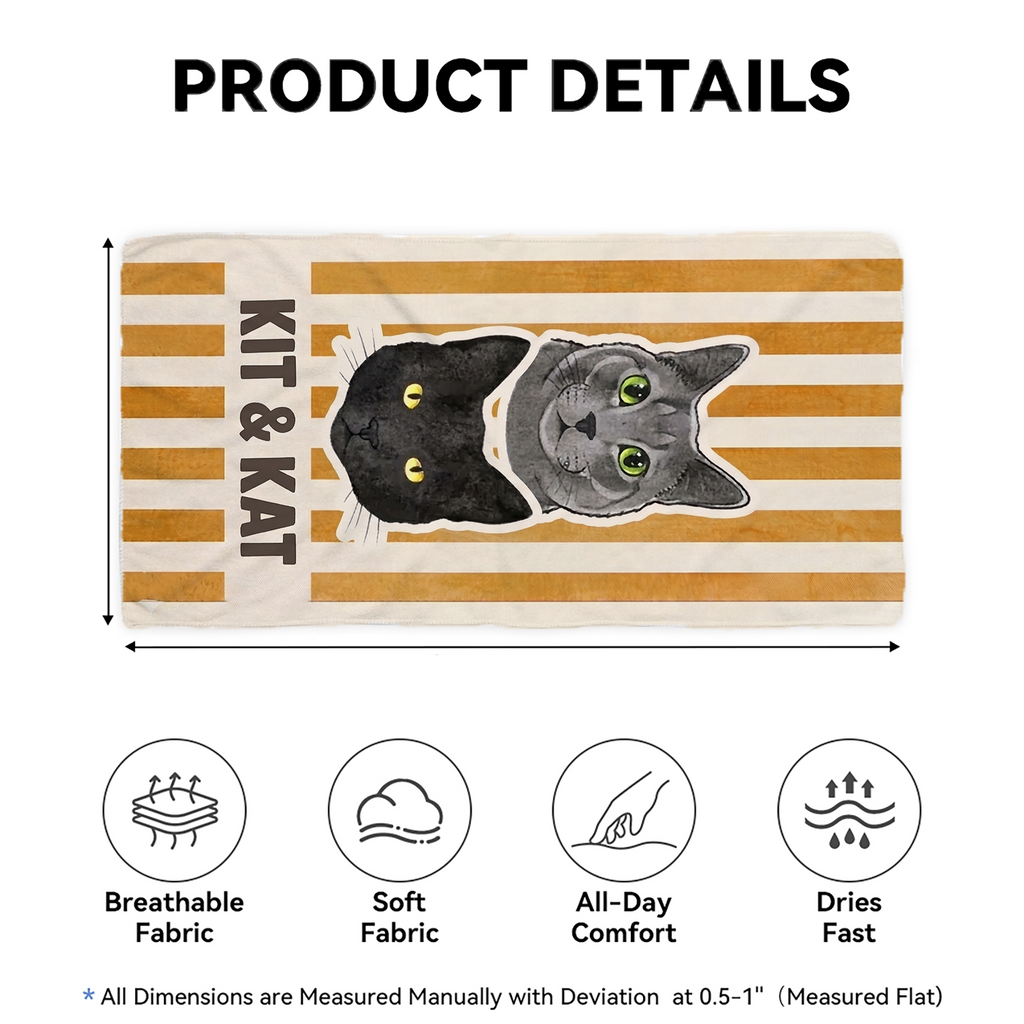 Product details graphic showing dimensions and icons for breathable, soft, comfortable, and fast-drying beach towel fabric.
