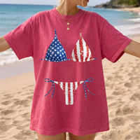 Funny American Flag Bikini Body Graphic Oversized T-Shirt Bride Beach Cover Up For Women Preppy Lake Days Western Summer Retro Blue Cotton Tee 4th of July Independence Day Bach Party Swimsuit Illusion Patriotic Apparel