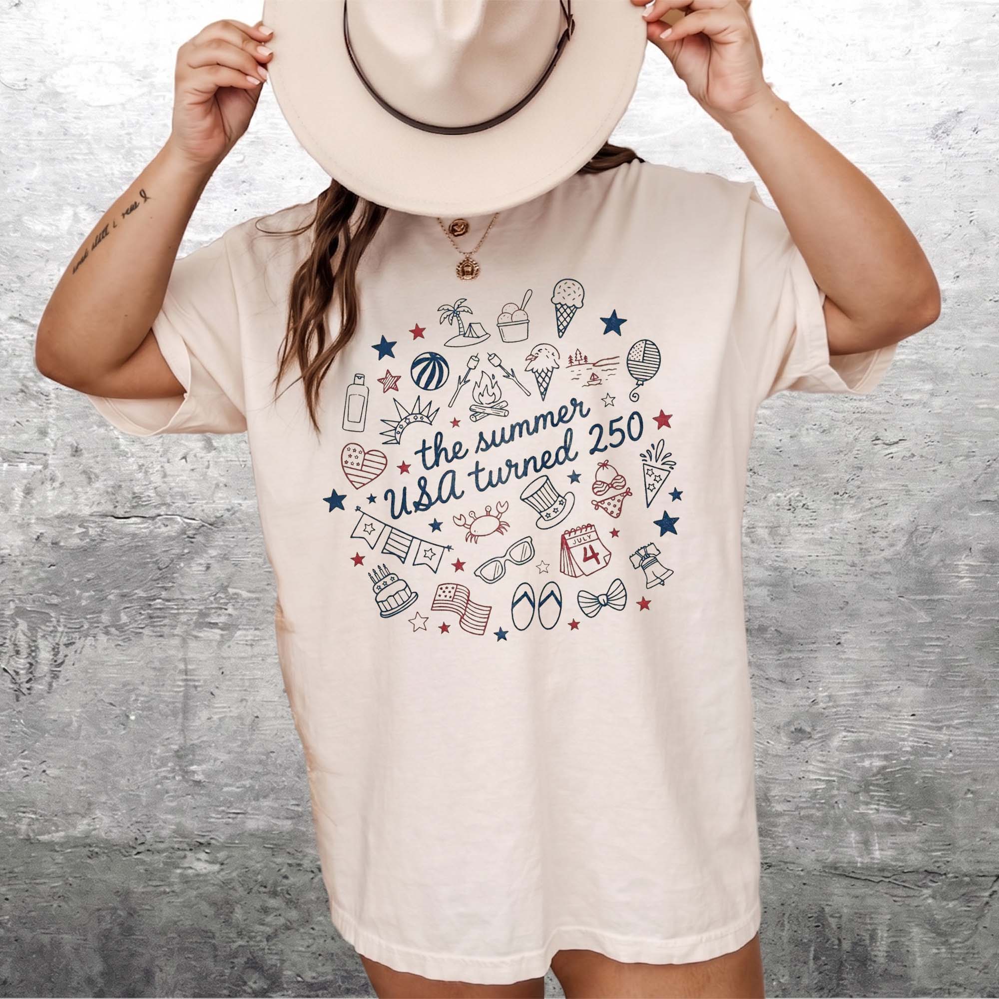 RodyThread The Summer USA Turned 250 T-Shirt Unisex Retro Preppy Americana Cream Cotton Graphic Tee For 4th Of July 2026 Semiquincentennial Celebration Cute Summer Vacation Beach Festival Top Coquette Vintage Independence Day Apparel