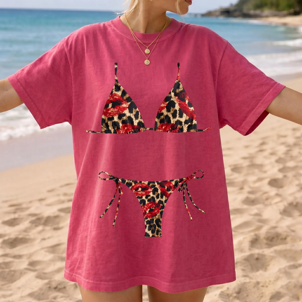 RodyThread Y2K Red Lips Leopard Bikini Graphic Bach Party T Shirt Grunge Aesthetic Swimwear Cheetah Print Triangle Top Two Piece Bride Oversized Tee Trashy Chic Women Bathing Suit Cover Up Shirt Alternative Streetwear