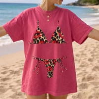 RodyThread Y2K Red Lips Leopard Bikini Graphic Bach Party T Shirt Grunge Aesthetic Swimwear Cheetah Print Triangle Top Two Piece Bride Oversized Tee Trashy Chic Women Bathing Suit Cover Up Shirt Alternative Streetwear