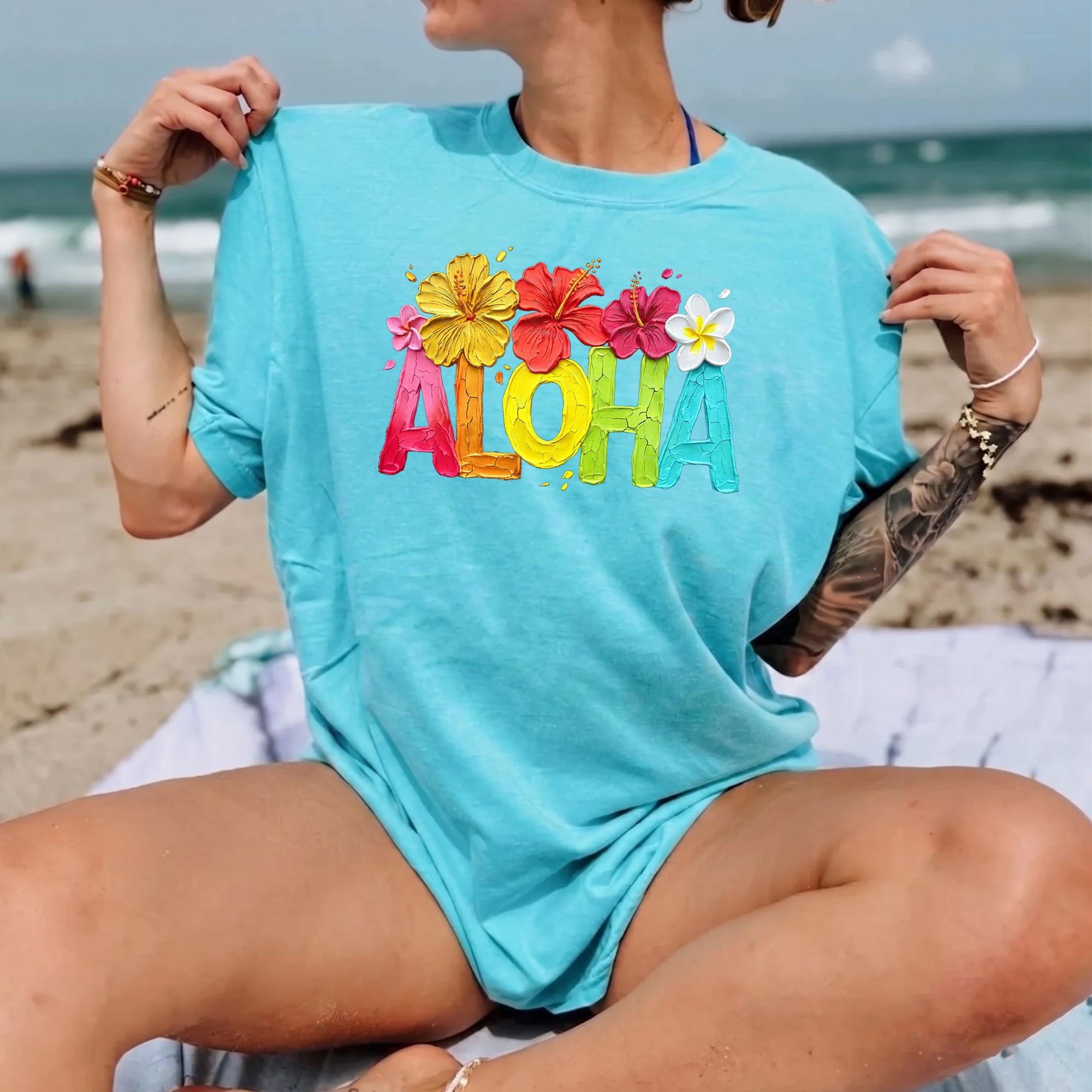 RodyThread Aloha Hawaii Floral Brushstroke Graphic T-Shirt For Women Tropical Beach Vacation Preppy Aesthetic White Cotton Blend Tee Hello Summer Travel Essentials Beach Lover Gift Hibiscus Flower Casual Daily Wear Short Sleeve Top