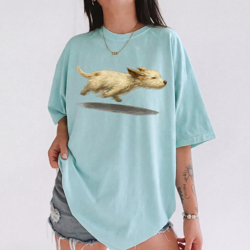 RodyThread Cute Running Dog Graphic Oversized T-Shirt For Women Trendy Vintage Aesthetic Soft Baggy Cotton Cream Tee Casual Streetwear Top Dog Lover Gift Perfect For Dog Walking Outfit Stylish Loose Fit Summer Short Sleeve