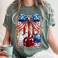 RodyThread Unbranded Shes My Cherry Pie Red White and Blue Oversized Graphic T-Shirt for Women Coquette Country Western Patriotic Vintage Olive Green Cotton Tee 4th of July Independence Day Summer Festival Tops Leopard Print USA Bow Shirt