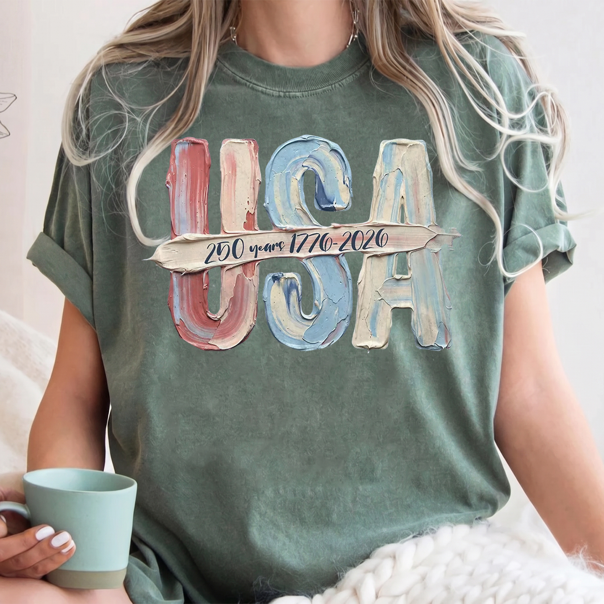 RodyThread Graphic DTG Print T Shirt USA Oil Painting Effect Vintage America 250 Years 1776 2026 Tee Patriotic Red White Blue 3D Impasto Thick Paint Art Brown Pepper T-Shirt 4th of July Independence Day Semiquincentennial Women Men Casual Top