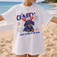 RodyThread Pet Crabby Summer Dachshund Dog Graphic T Shirt If Crabby Please Return To The Beach Oversized Washed Tee Funny Wiener Dog Crab Claw Headband Graphic Shirt, Cute Pink Summer Vacation Women Top