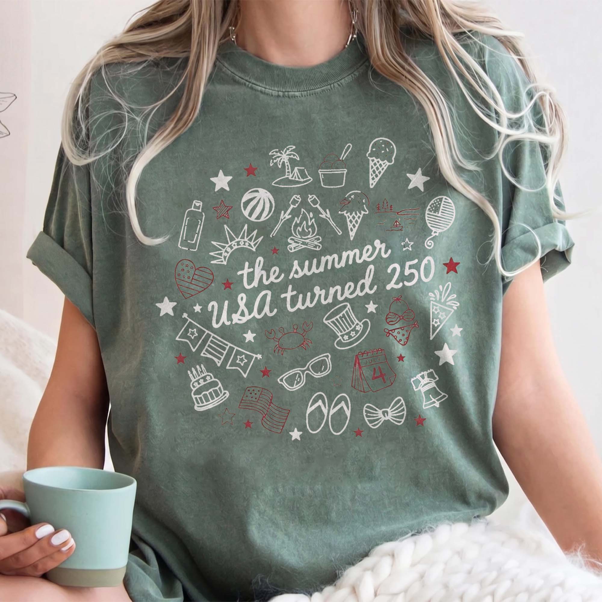 RodyThread The Summer USA Turned 250 T-Shirt Unisex Retro Preppy Americana Cream Cotton Graphic Tee For 4th Of July 2026 Semiquincentennial Celebration Cute Summer Vacation Beach Festival Top Coquette Vintage Independence Day Apparel