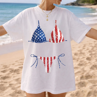 Funny American Flag Bikini Body Graphic Oversized T-Shirt Bride Beach Cover Up For Women Preppy Lake Days Western Summer Retro Blue Cotton Tee 4th of July Independence Day Bach Party Swimsuit Illusion Patriotic Apparel