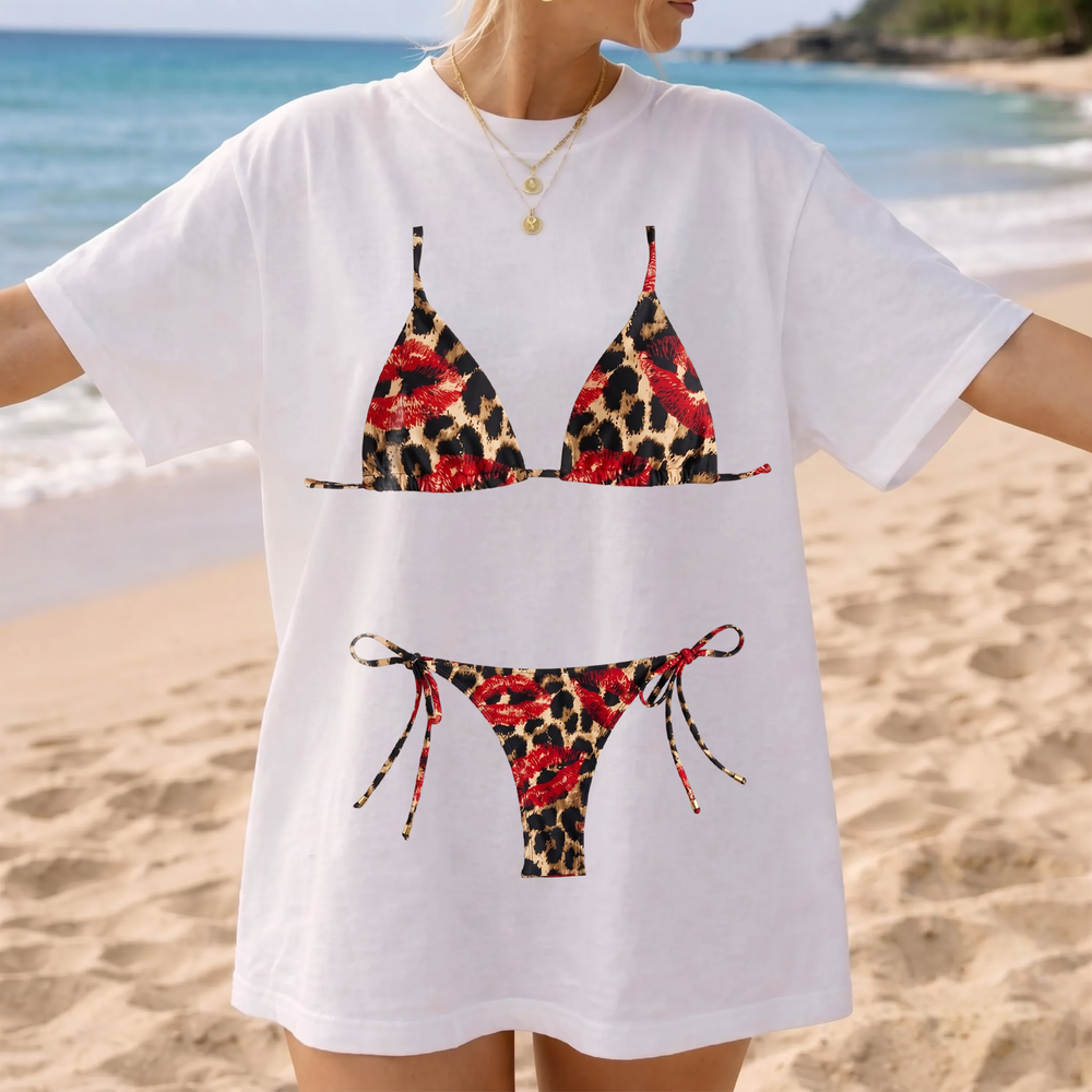 RodyThread Y2K Red Lips Leopard Bikini Graphic Bach Party T Shirt Grunge Aesthetic Swimwear Cheetah Print Triangle Top Two Piece Bride Oversized Tee Trashy Chic Women Bathing Suit Cover Up Shirt Alternative Streetwear