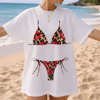 RodyThread Y2K Red Lips Leopard Bikini Graphic Bach Party T Shirt Grunge Aesthetic Swimwear Cheetah Print Triangle Top Two Piece Bride Oversized Tee Trashy Chic Women Bathing Suit Cover Up Shirt Alternative Streetwear