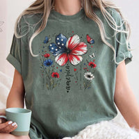 RodyThread Vintage USA 250th Anniversary Floral T-Shirt America 1776-2026 Graphic Tee Cute Patriotic American Flag Flower Butterfly Faith Freedom Pride Sage Green TShirt Women 4th of July Semiquincentennial Retro Aesthetic Casual Oversized Top