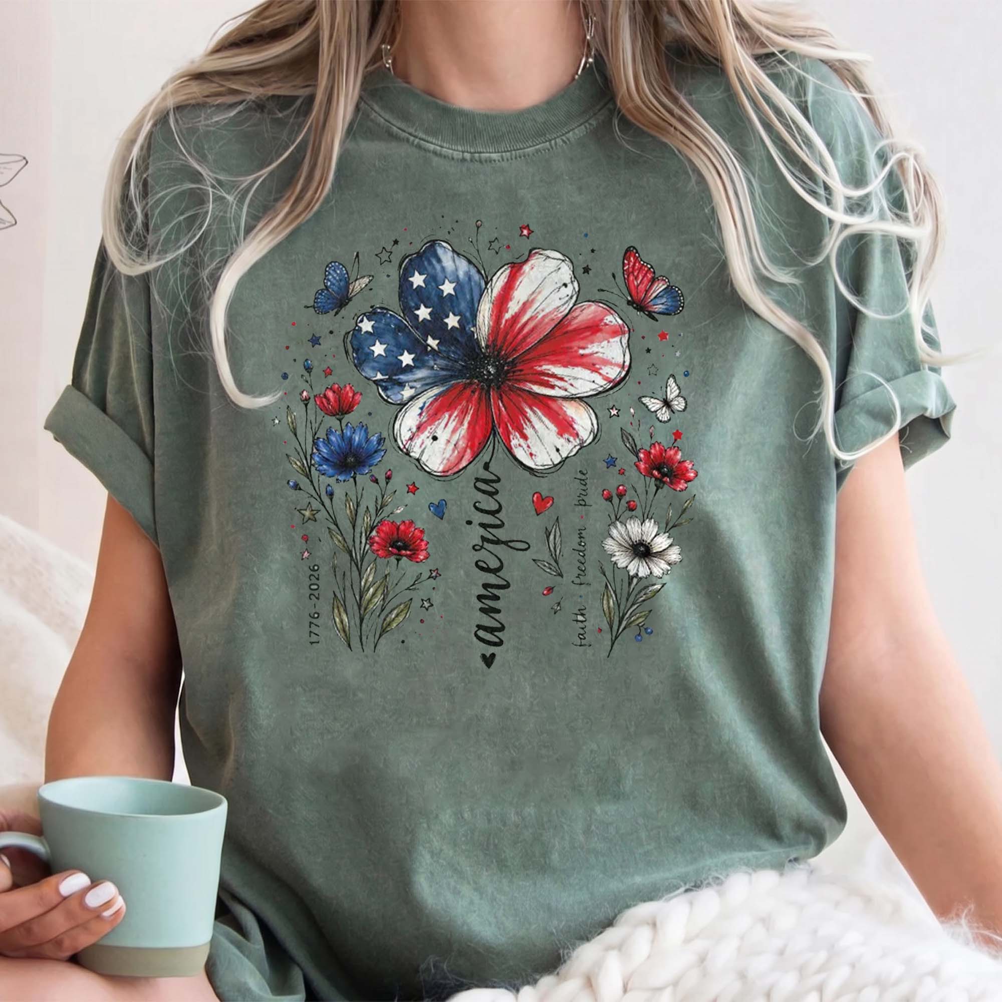 RodyThread Vintage USA 250th Anniversary Floral T-Shirt America 1776-2026 Graphic Tee Cute Patriotic American Flag Flower Butterfly Faith Freedom Pride Sage Green TShirt Women 4th of July Semiquincentennial Retro Aesthetic Casual Oversized Top