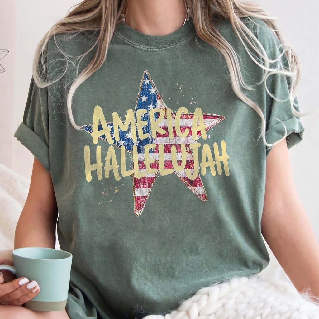 RodyThread America Hallelujah Graphic T-Shirt For Women Western Country Retro Patriotic 4th of July Brown Cotton Summer Festival Top Cowgirl Shirt USA Flag Star Distressed Vintage Tee American Pride Holiday Concert Apparel Outfit